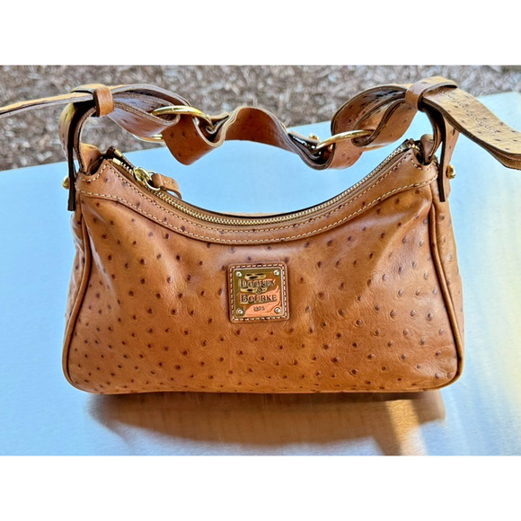 Dooney & Bourke Ostrich Leather Hobo Bag Beige Tan Shoulder Purse Medium - Picture 1 of 15
